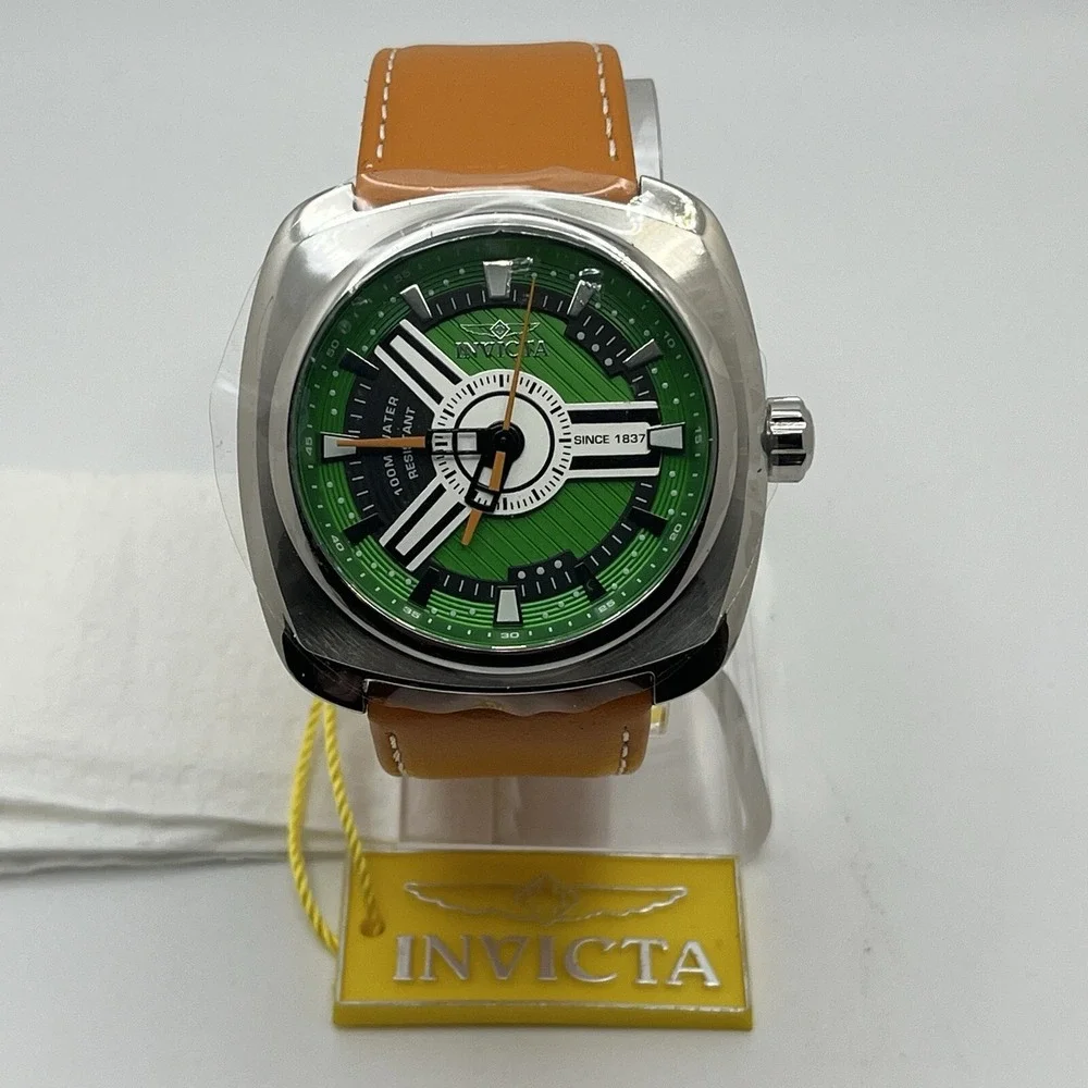 Invicta Mens S1 Rally 28602 Green Dial Brown Leather Strap 48mm Sport Watch NWT